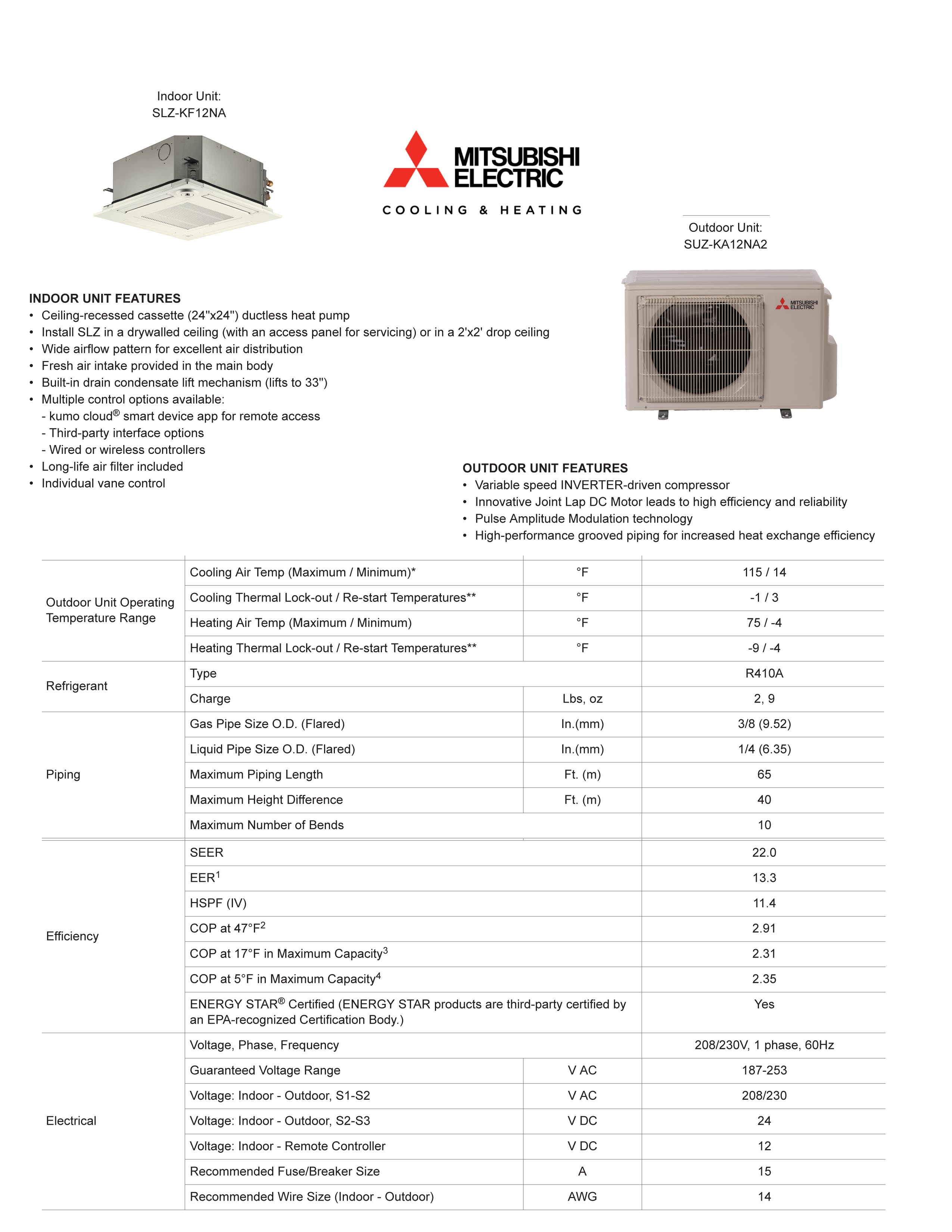 Mini Split 12,000 BTU Mitsubishi 22 SEER Ceiling Cassette Heat Pump System SUZ-KA12NA2, SLZ-KF12NA